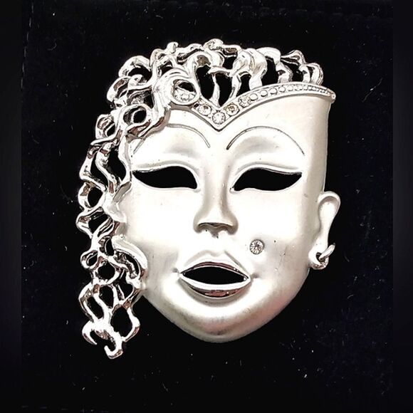Silver Masquerade Mask Brooch Pendant Jewelry Vintage - Picture 8 of 8